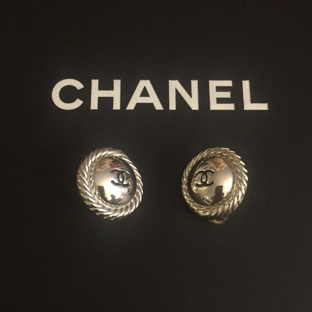Chanel Silver Tone Round CC Earrings